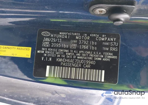 2013 Hyundai Elantra Gs from USA, damaged, VIN KMHDH6AE7DU019940